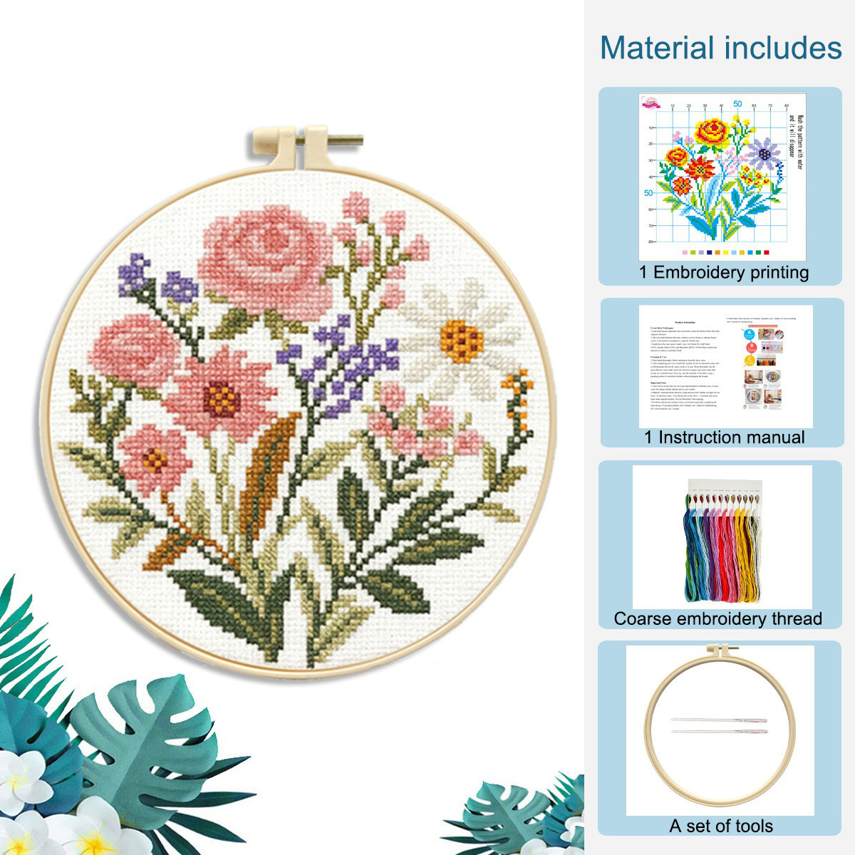 Flores rosas - paquete de materiales + tensión bordada