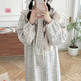 韩国ins女士睡衣冬款加厚分体帽围巾家居服睡袍睡裙可外穿韩版女