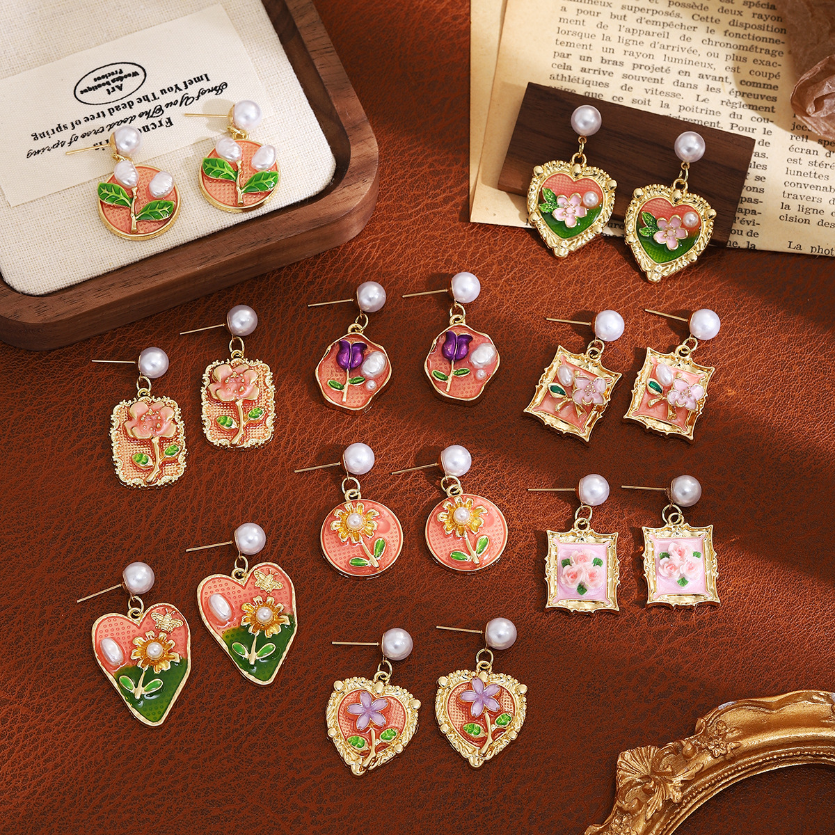 french retro oil dripping three-dimensional flower heart earrings jardin monet mori sweet girly temperamental earrings for women