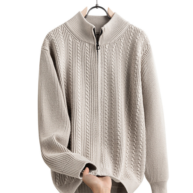 Otoño y invierno de color sólido simple de color sólido cremallera cardigan chaqueta gruesa cálida de punto casual entrelazado suéter de punto de hombre