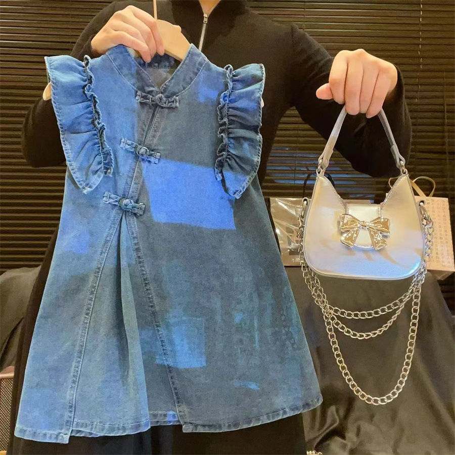 Cheongsam girls summer clothing 2024 new children's Hanfu Chinese style summer dress new Chinese style girls denim skirt