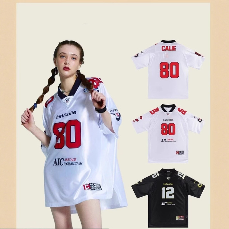 韓国 asifcalie ニッチアメリカンレトロプリントルーズ半袖ジャージ Tシャツストリートスポーツカジュアル Tシャツ|undefined