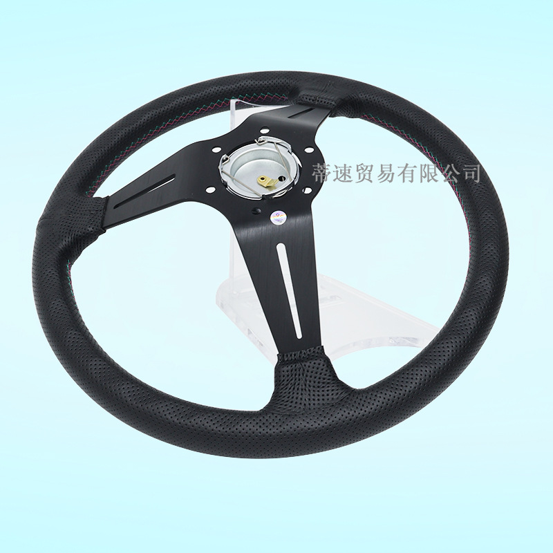 Cross-Border Best-Selling Hks Classic Quick-Release Steering Wheel, Large Concave 14-Inch 350mm Three-Color Stitching Genuine Leather Racing Steering Wheel