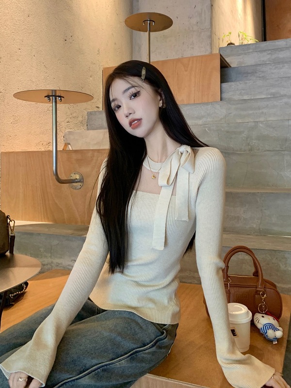 秋季纯欲辣妹修身显瘦正肩长袖女时尚个性绑带蝴蝶结设计百搭上衣|undefined