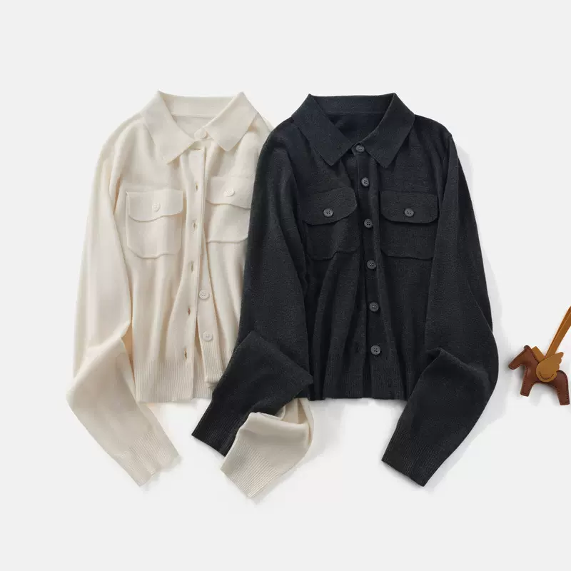 秋季新款女装ED同款polo领针织衫上衣女气质长袖修身羊毛开衫外套