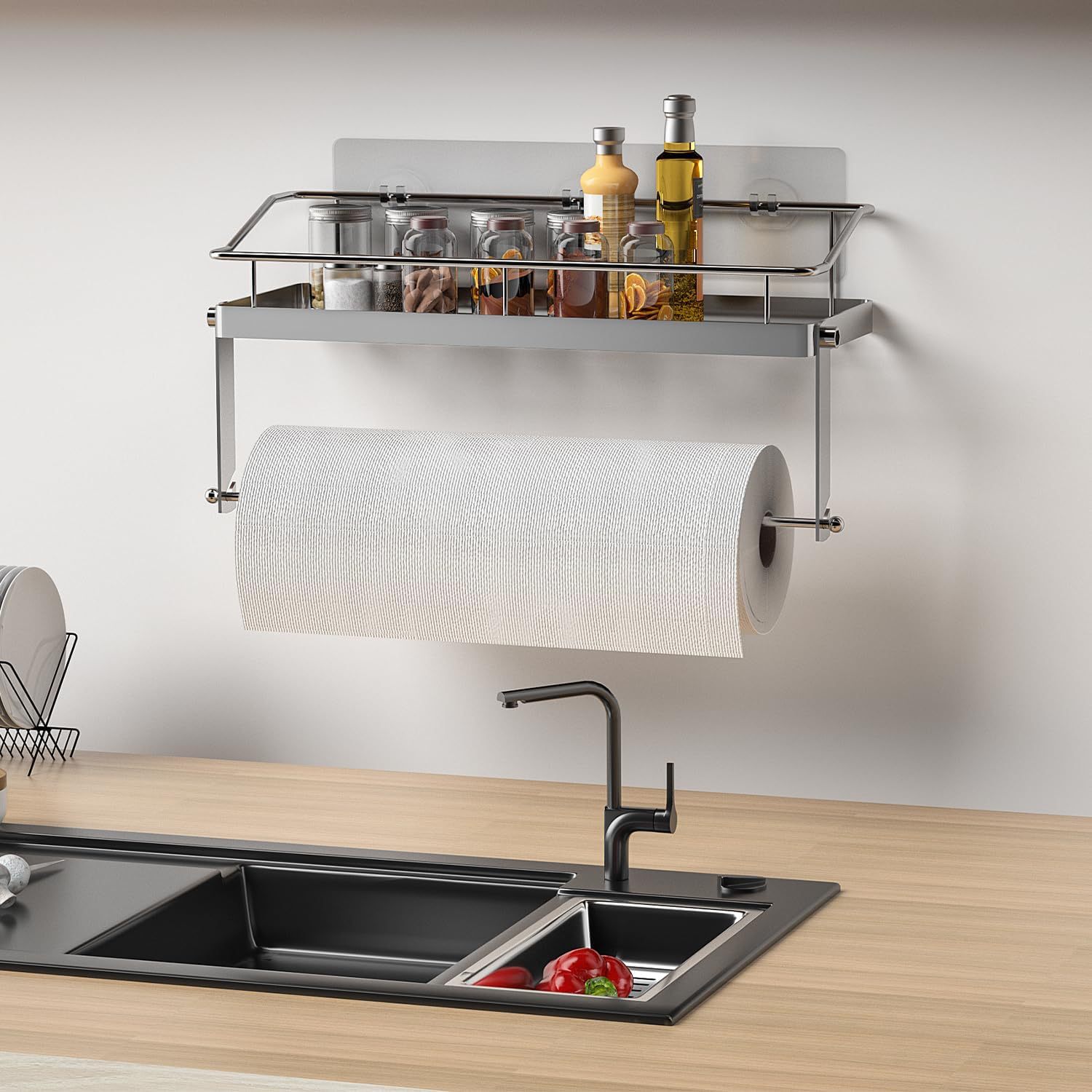 Suministro directo de fábrica Punch-libre baño adhesivo de acero inoxidable de almacenamiento en rack titular de tejido de cocina