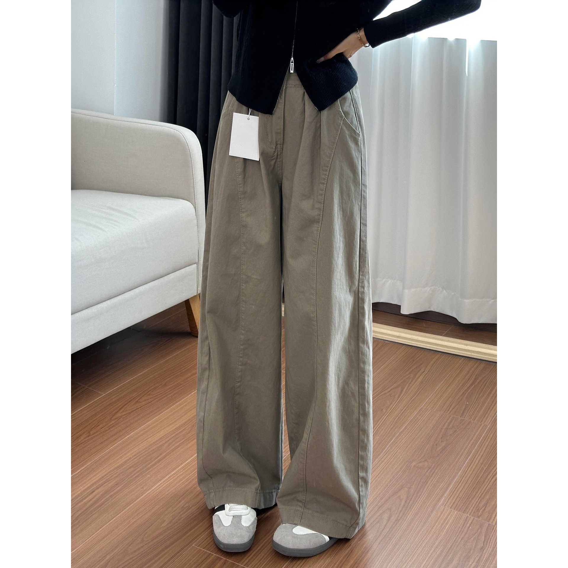 American-Style Khaki Cargo Casual Pants for Women, Autumn New Plus-Size High-Waisted Loose Slimming Wide-Leg Scimitar Pants