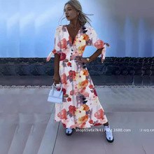 2024跨境电商亚马逊圆领时尚休闲女装新款纯色舒雅气质通勤连衣裙
