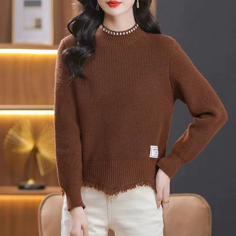 Suéter corto con bordas para mujeres otoño y invierno 2025 nueva moda de camisa de cintura alta pequeña camisa de punto de cuello medio alto image 4