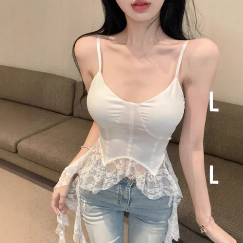 Spring and summer French-style chic, niche design with a personalized, slimming fit—featuring elegant lace, an asymmetrical silhouette, and delicate ribbon details for a subtly flattering look.