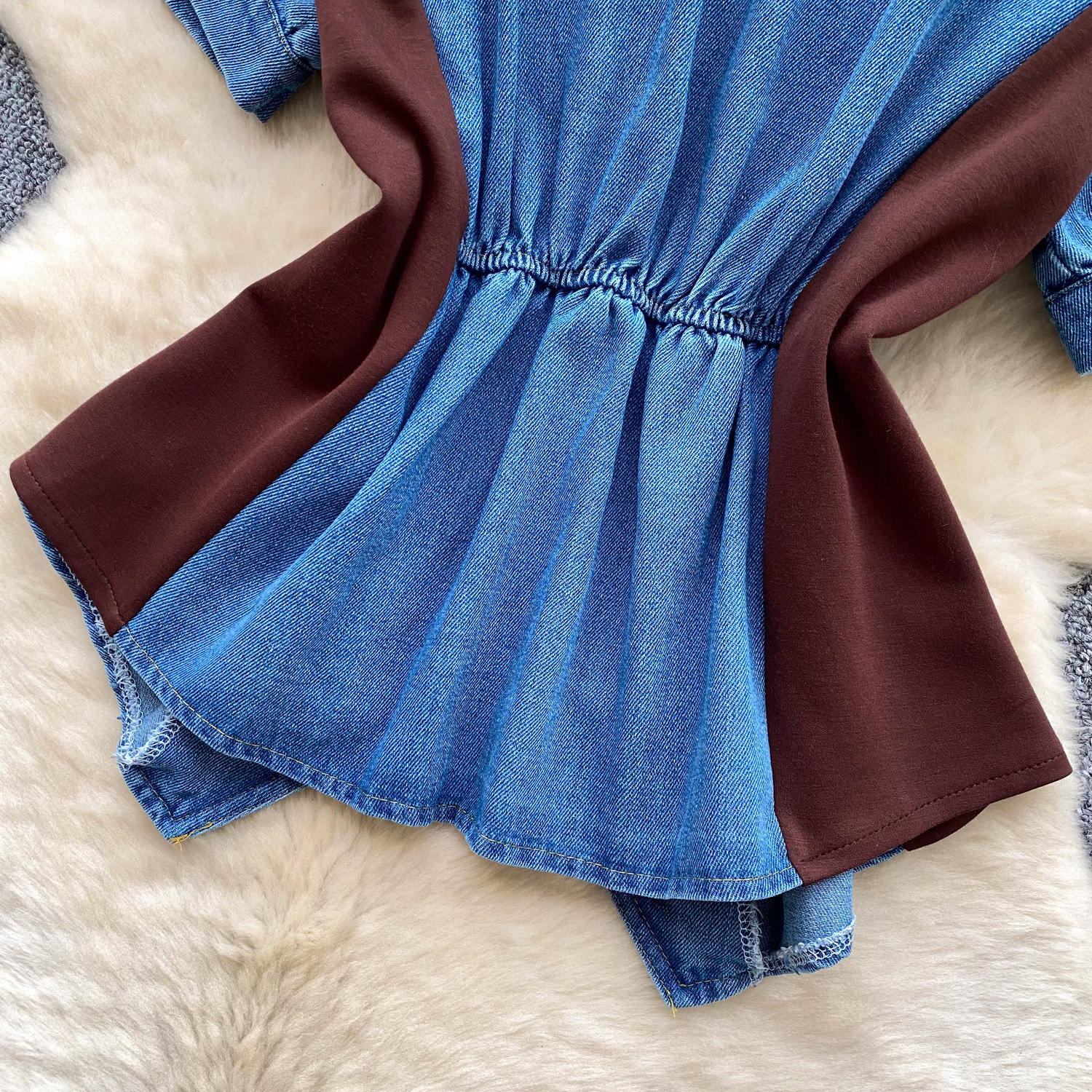 Women's French-Inspired V-Neck Short Sleeve Blouse With Asymmetric Hem And Waist-Defining Silhouette_ecoleips.com