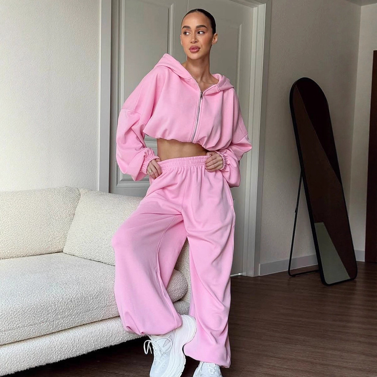 American Sports Casual Pink Sweatshirt Suit for Women 2025 Autum Street Loose Jacket and Pants Two-Piece Women's Suit
