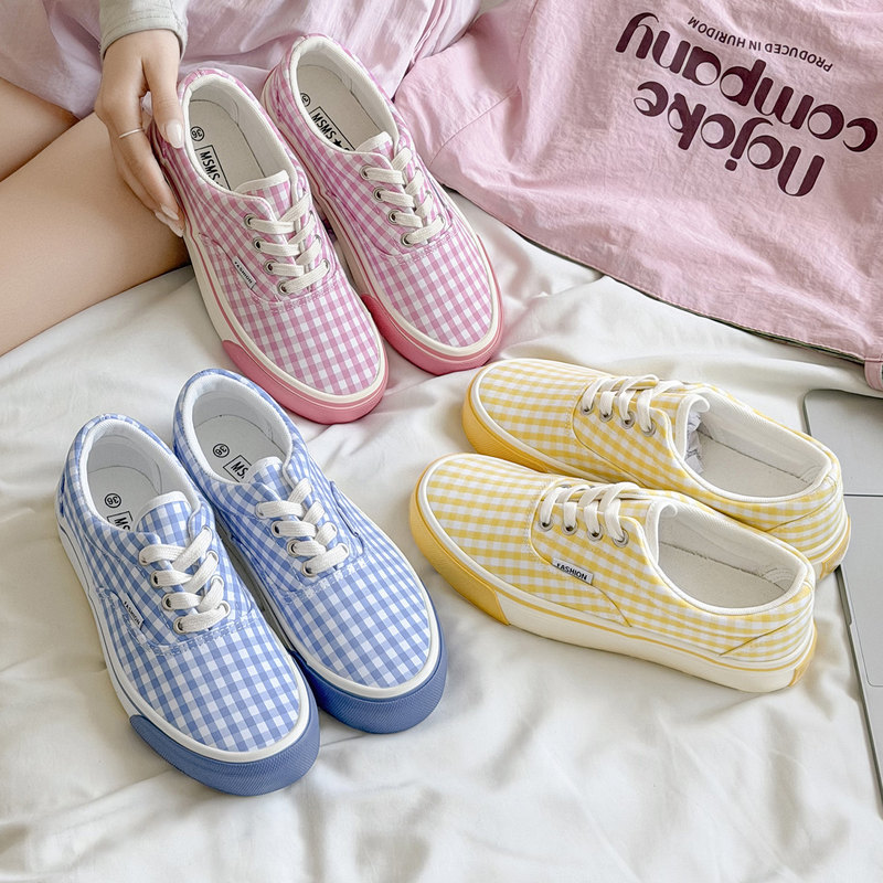 Spring new low-top colorful plaid canvas shoes women's shoes Korean-style pink adult lace-up flat heel front lace-up student shoes