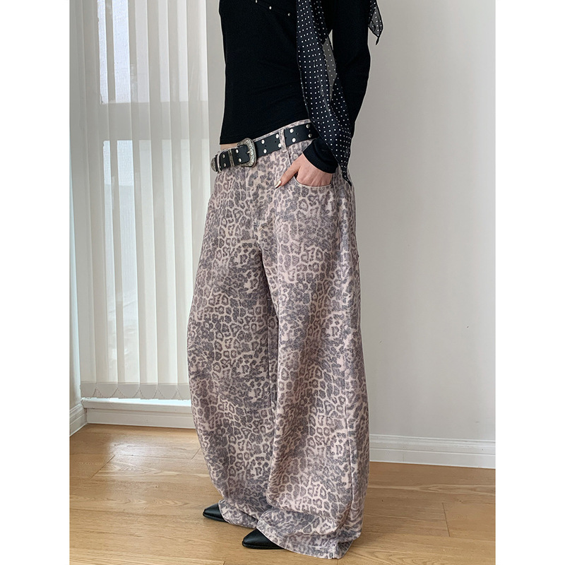 Doris Korean-Style Retro Washed Leopard Print Wide-Leg Jeans, Vintage Loose Straight-Leg Slimming Floor-Length Pants