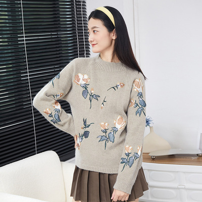秋冬新款韓版通勤寬松韓版重工刺繡花朵複古百搭套頭羊絨針織毛衣