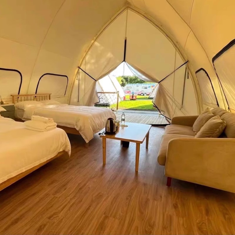 Hotel semicircular tienda de campaña al aire libre acampamiento residencial base de campo a prueba de vientos galpón fabricante de equipos de cortina a prueba de lluvia