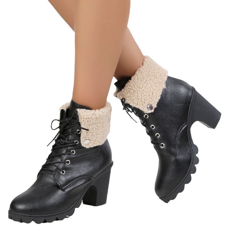Women's Shoes short boots autumn and winter new large size round toe thick heel lace up cuffed women's leather boots_voghion.com