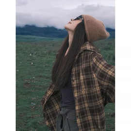 韩系美式格子衬衫新款外套复古宽松显瘦设计感小众衬衣长袖上衣女