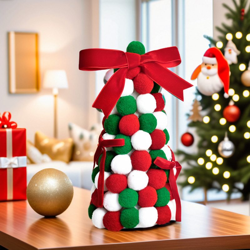 クリエイティブで絶妙なポリエステル赤、緑、白のクリスマスカラーの小さなファーボール手作りリボンクリスマスツリーオーナメントデスクトップ装飾|undefined