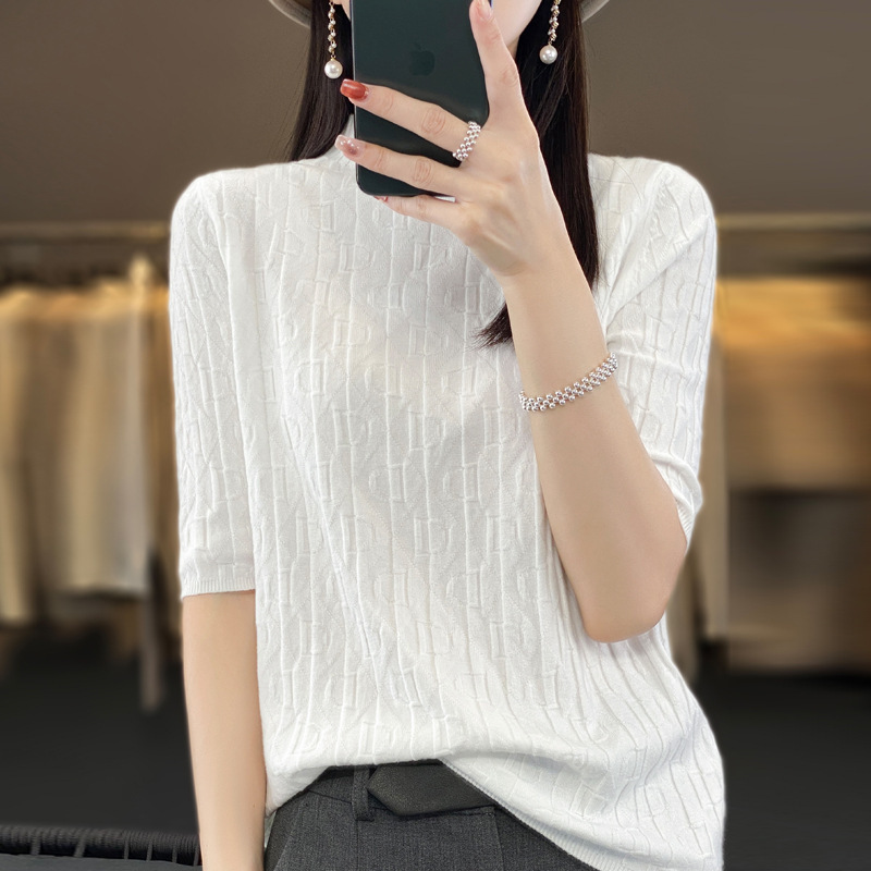 Spring and Summer New Letter Jacquard Pit Stripesd Knitted Three-Quarter Sleeve Pullover T-Shirt Cool Thin Pullover Inner Top