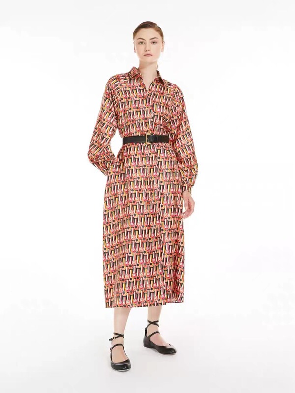 Max Italy 2023 autumn and winter elegant commuter twill silk color matching shirt collar long sleeve dress
