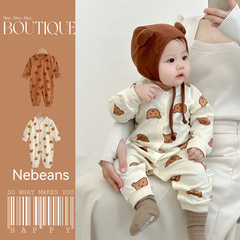 無骨縫製春秋款滿印小熊連身衣 純棉柔軟A棉新生兒哈衣男女寶爬服