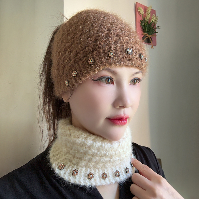 Autumn and winter wool knitted hat pineapple hat hollow hat warm ear cover white hair a cap dual-purpose can be used as scarf material
