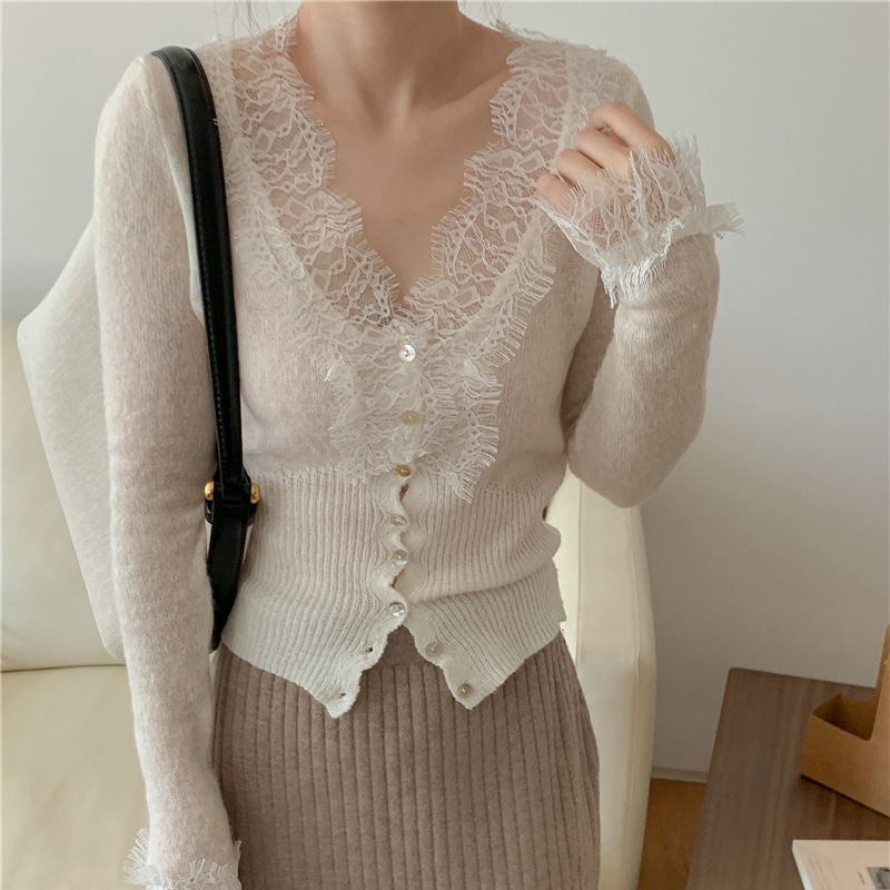 in stock! Spring New Lace Yujie High-grade Knitted Cardigan French Slim-fit Women's Top