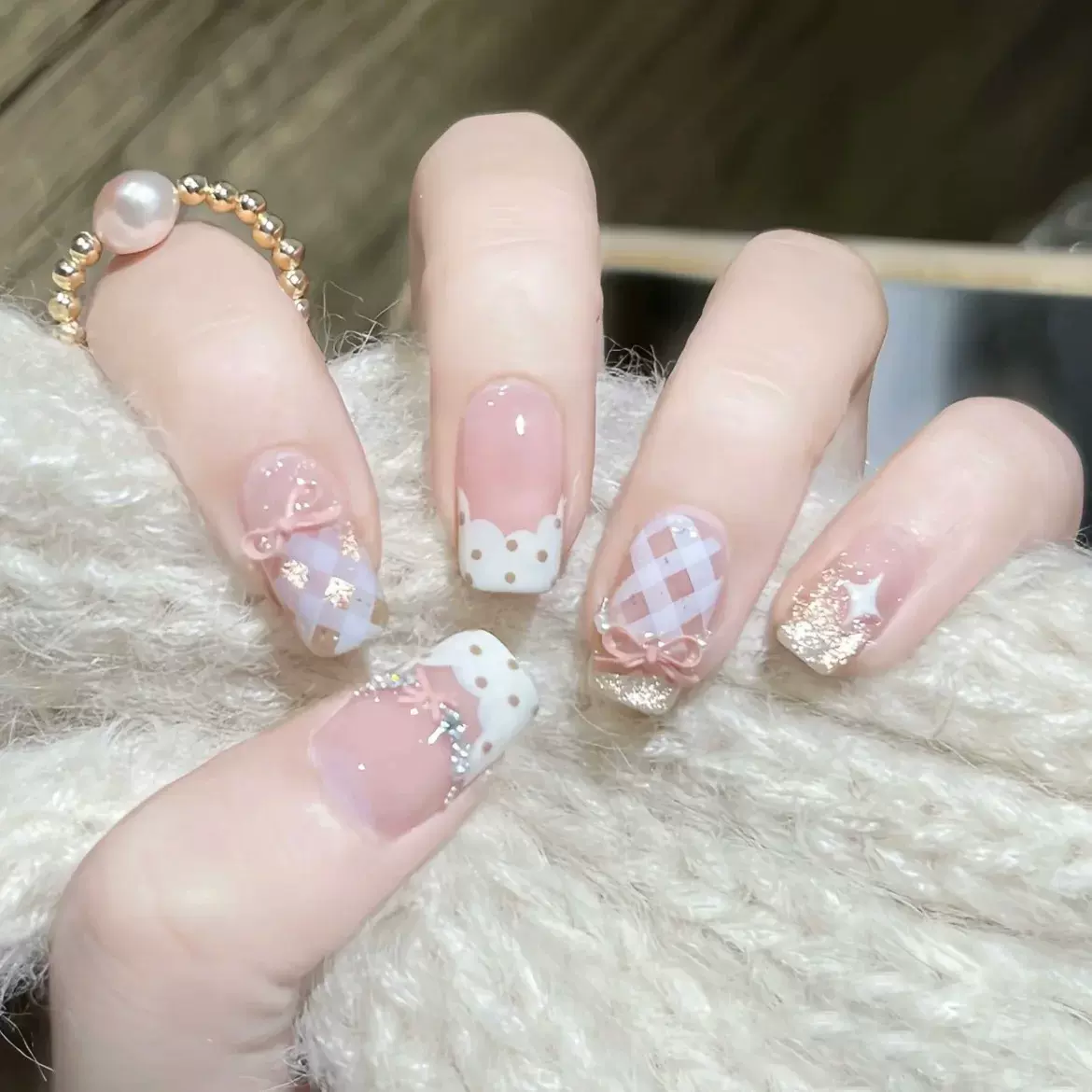 黛瑞森【甜美公主】日常短款美甲成品粉色猫眼蝴蝶结穿戴甲纯手工