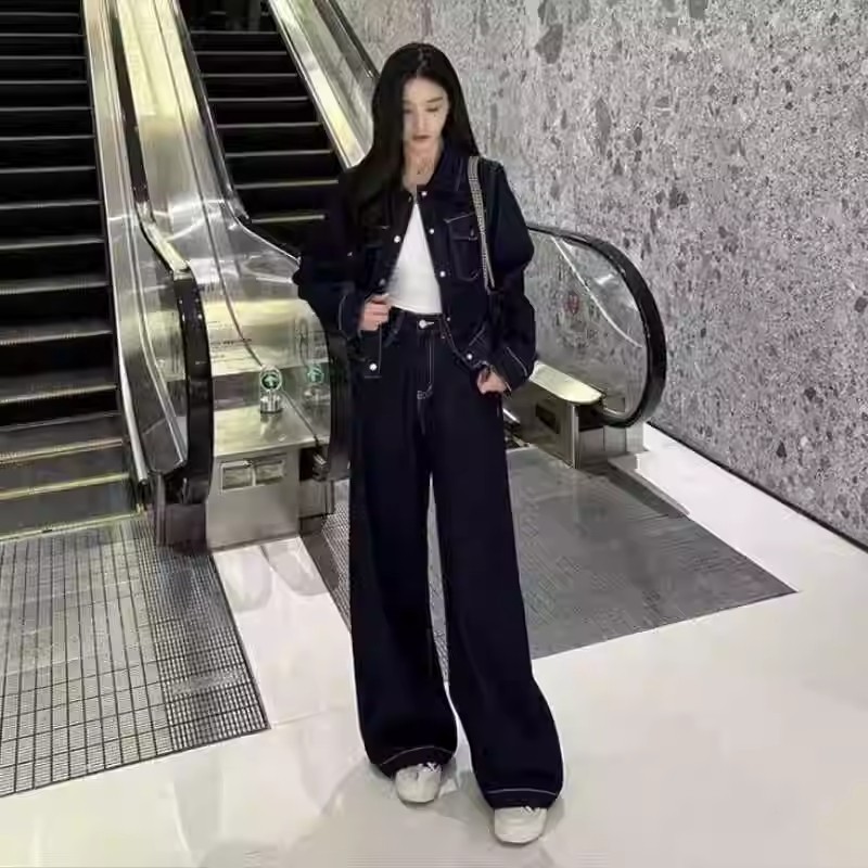 港风复古牛仔套装女2025春季新款时尚洋气短外套阔腿裤气质两件套|undefined
