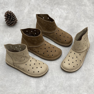 Original Handmade Genuine Leather Short Boots Spring and Summer 2025 New All-match Round Toe Flat Foot Soft Cowhide Hollow Sandals for Women