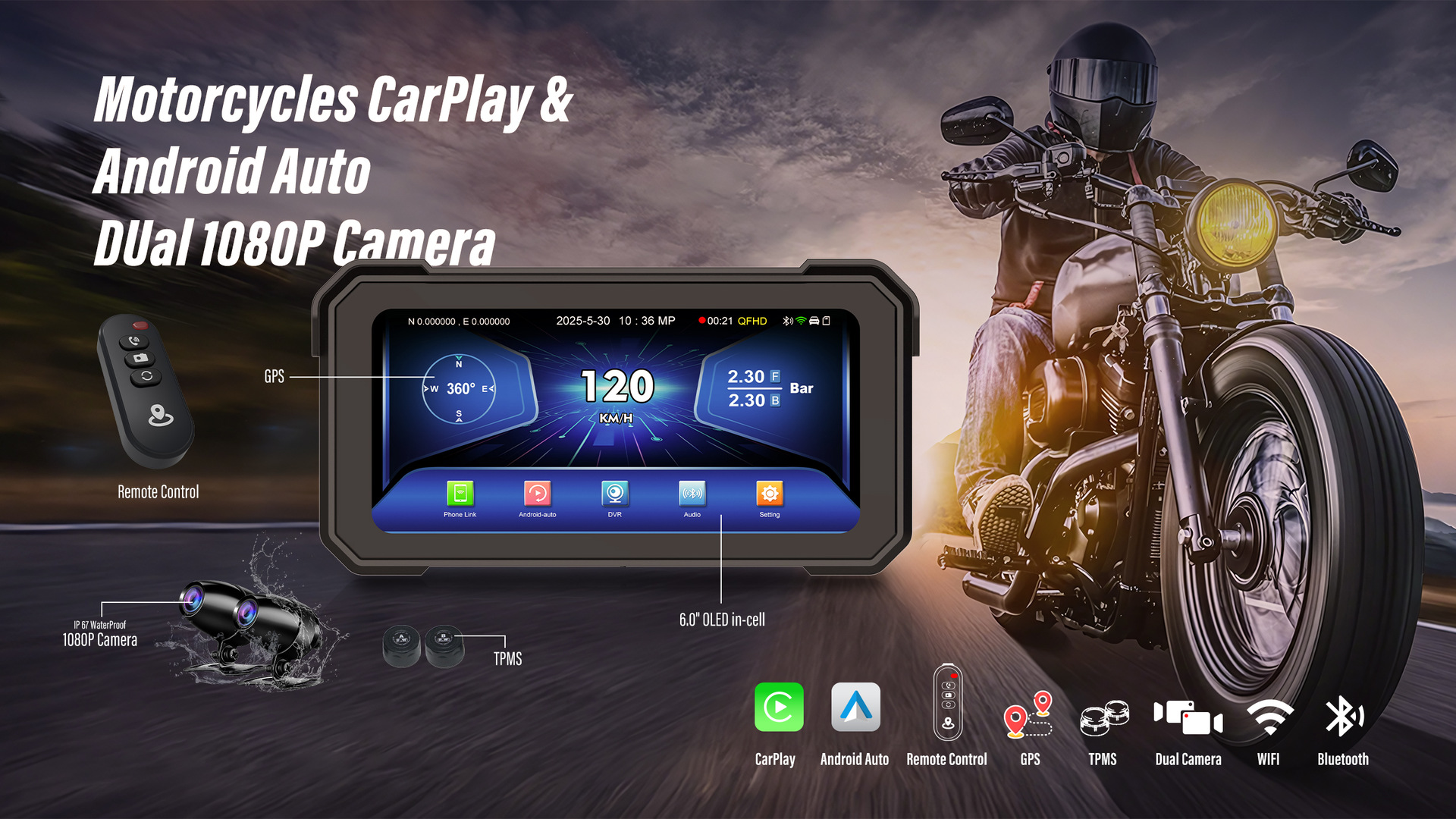 Cross-Border New Product 6inch Motorcycle Dashcam with Dual Front and Rear Cameras, Wireless Motorcycle Carplay Screen