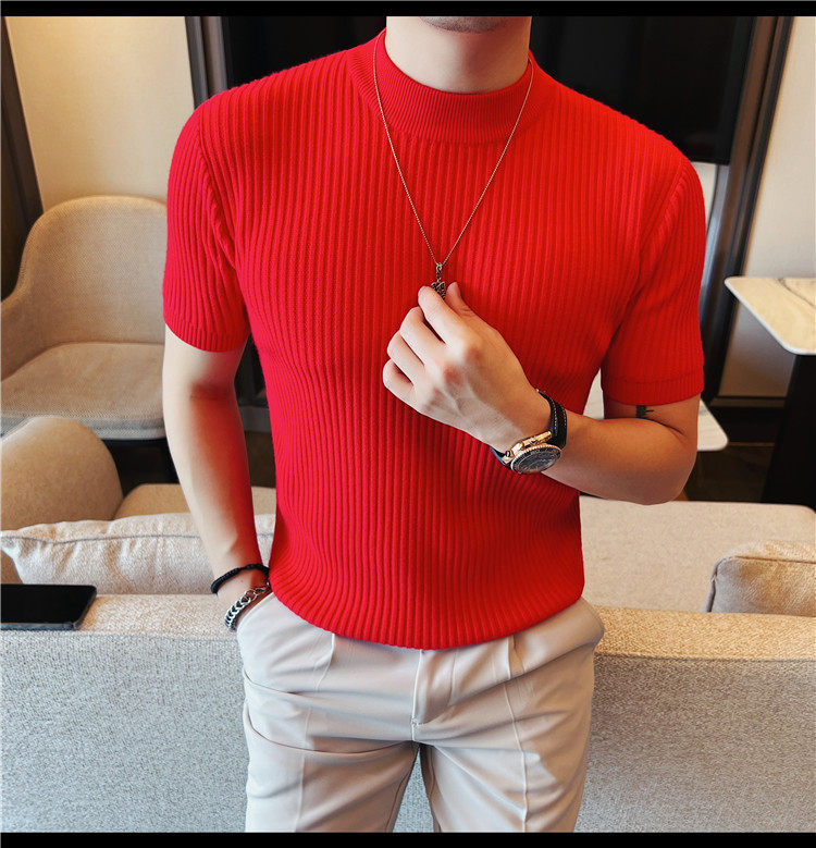 Herren Schwarz Hochgeschlossener Kurzarm Strickpullover Slim Fit_voghion.com