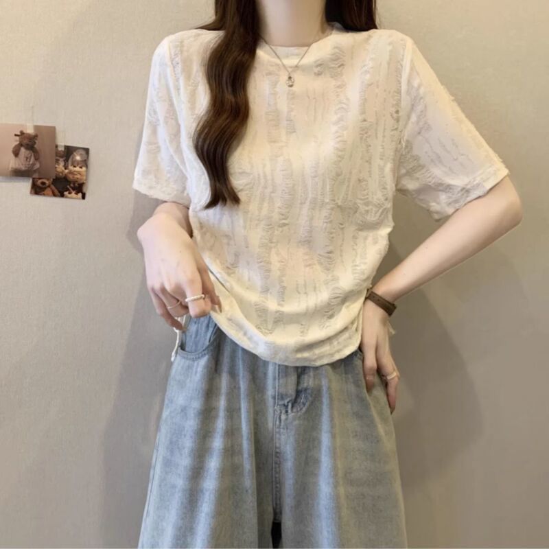 设计感破洞时尚抽绳短袖T恤女夏大码胖mm显瘦不规则收腰辣妹上衣|undefined