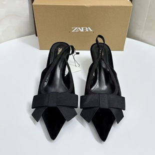 ZA Black Velvet Bow High Heel Muller Shoes 2024 Winter New French Pointed Toe Thin Heel Sandals Women
