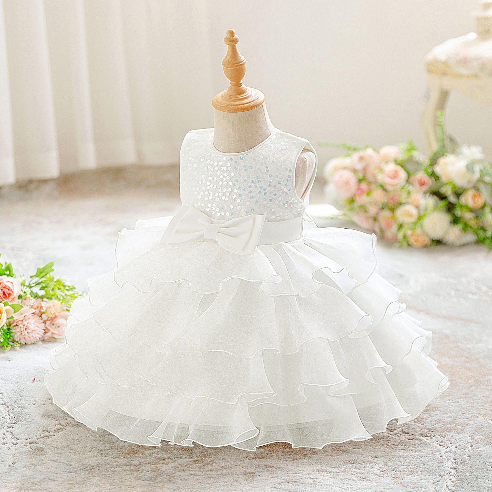 Vestido de niña de nuevo estilo, vestido de princesa sin mangas con lentejuelas, vestido de encaje, vestido de flores para boda