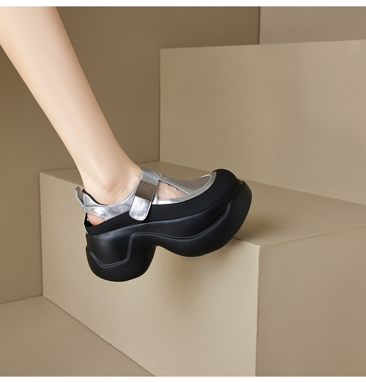Sandal bít mũi đế dày da thật 2025 quai Velcro phong cách La Mã — Màu đen, Màu bạc chi tiết 13