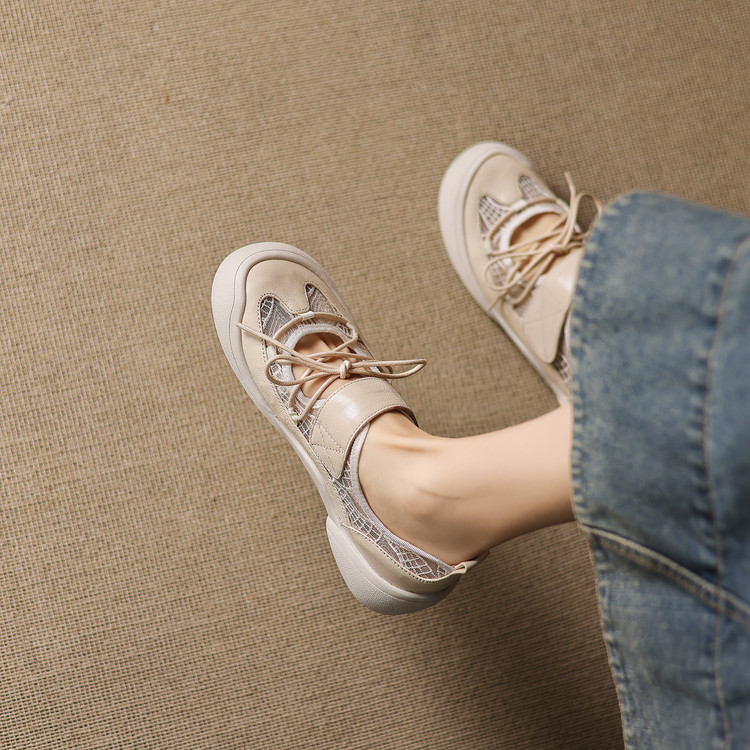 Giày sneaker nữ đế dày ren lưới phối màu cổ thấp — màu trắng ngà chi tiết 64
