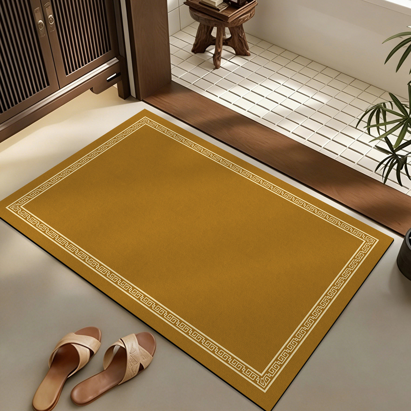 Earthy Yellow Bathroom Floor Mat, Diatomaceous Earth Absorbent Non-Slip Door Mat, Fortune Character Bathroom Entrance Carpet, Washbasin Foot Mat