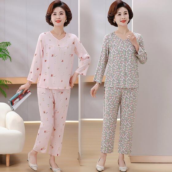 Pajamas Women's Summer Thin Cotton Silk Middle-aged Artificial Cotton Mother Loose Cotton Silk Home Clothes Long-sleeved Pajamas suit