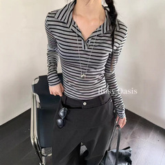 新款欧美风时髦百搭女装polo长袖休闲条纹上衣质感洋气打底衫5362