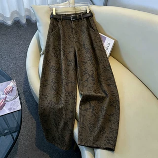 高腰垂感印花直筒牛仔裤女2026年春秋新款显瘦宽松休闲百搭阔腿裤