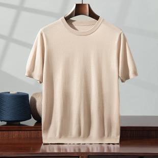Summer 60 Worsted 100 Pure Wool Knitted Short-sleeved Men's T-shirt Low Crewneck Thin Fashion Half-sleeved T-shirt