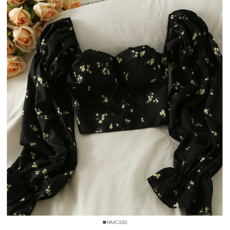 Floral Print Off-Shoulder Top Women's French Style Sweet Flared Unique Fit Collarbone Length Fitted Sleeves_ecoleips.com