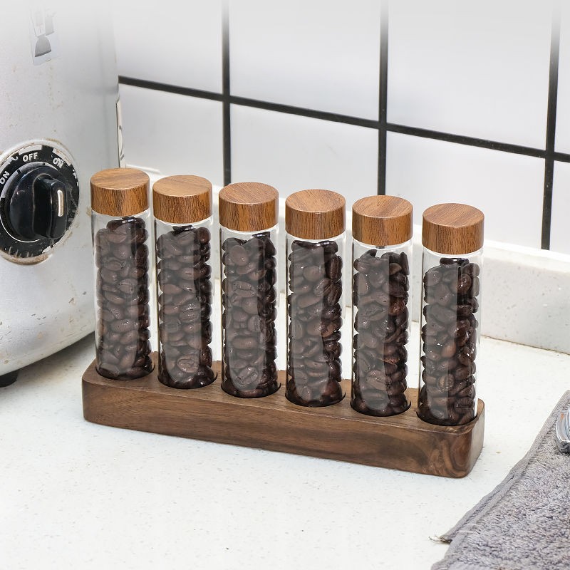 Cobertura de madera maciza de café, base de nogal de haya, subenvasado de granos de café, botella de vidrio, caja de almacenamiento, soporte de exhibición