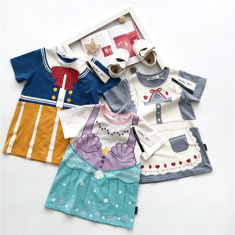 2024 girls' fake two pieces dress summer baby girls' cute cartoon princess dress Western style children's long sleeve T-shirt