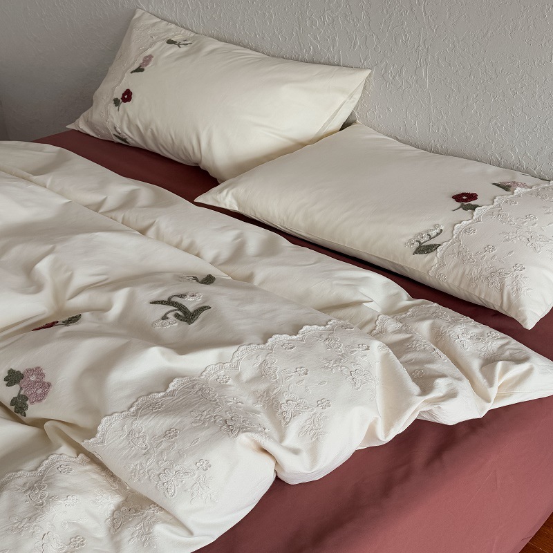 French 100S Cotton Baby Cotton Brushed Embroider Lace Autumn and Winter Bedding Four-Piece Set Girly Heart Quilt Cover