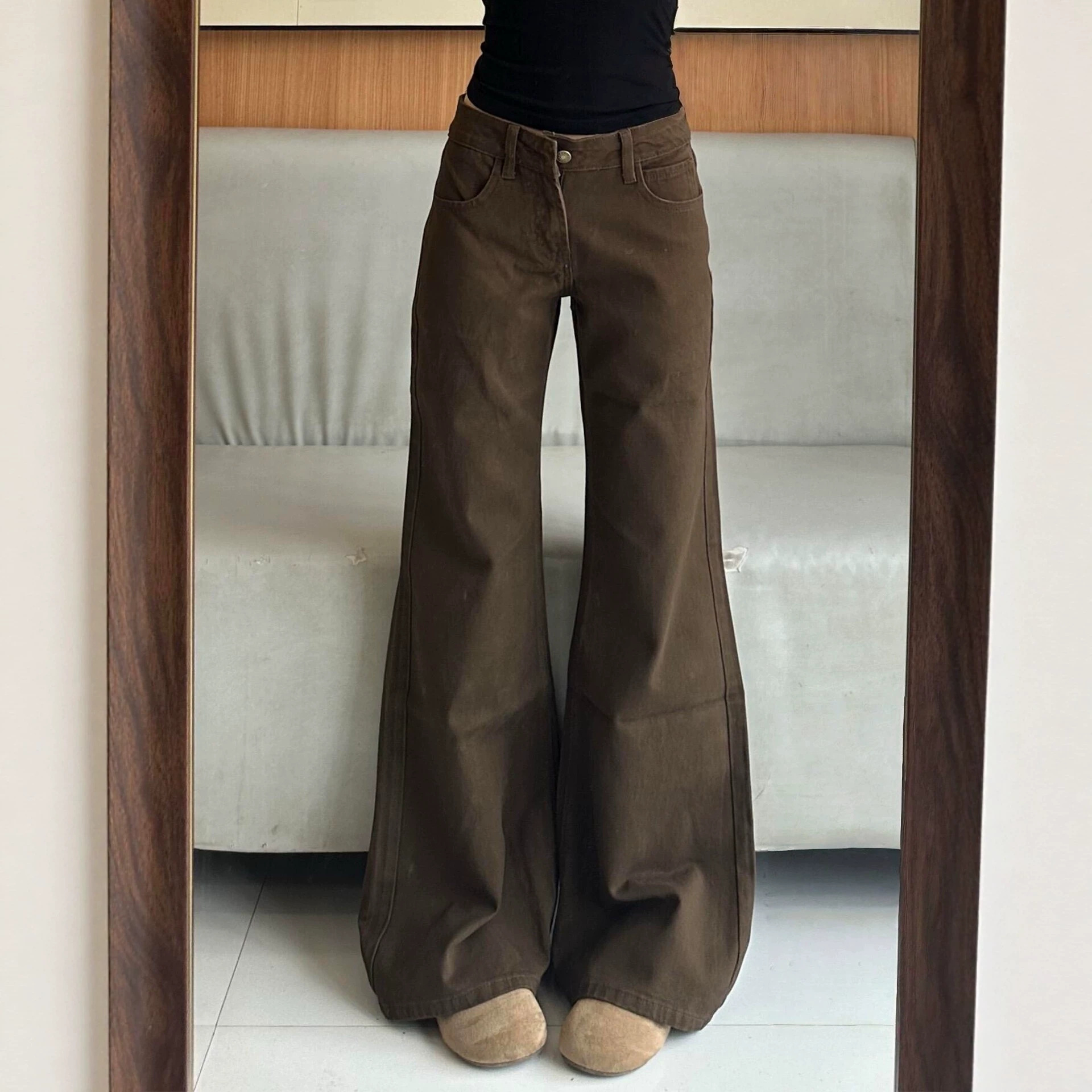 미국식 브라운 커피색 여성용 봄여름 스트레이트 데님 플레어 팬츠, 로우 웨이스트 루즈핏 슬리밍 팬츠