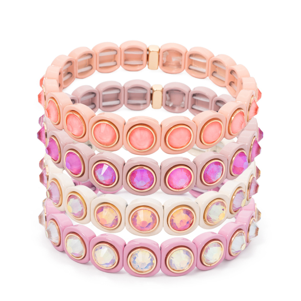 Round Pattern IG Style Round Alloy Enamel Rhinestones Inlay Couple Bracelets