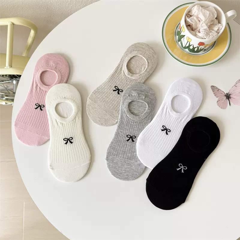 蝴蝶结浅口隐形船袜夏季薄款吸汗女防滑简约不掉跟短袜子跨境批发